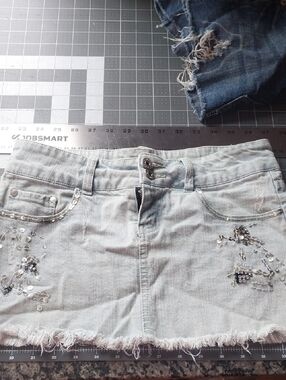 Deb Light Gray Sequin-Embellished Denim Mini Skirt
